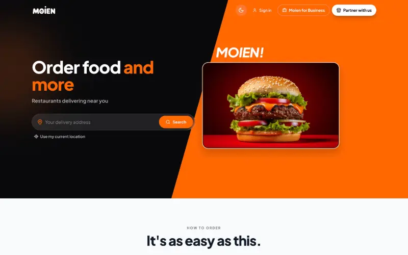 Screenshot of the Moien Delivery homepage