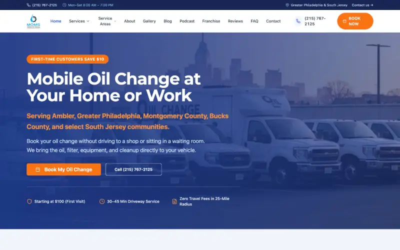 Screenshot of the MOMS Oil Change homepage