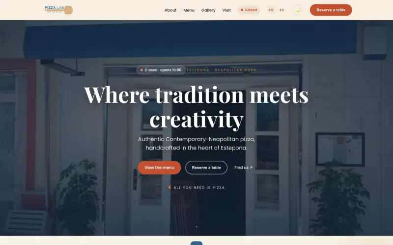 Screenshot of the Pizza Lab homepage