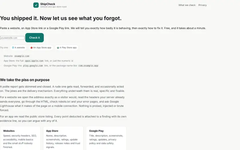 Screenshot of the ShipCheck homepage