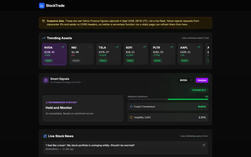 Screenshot of the StockTrade homepage
