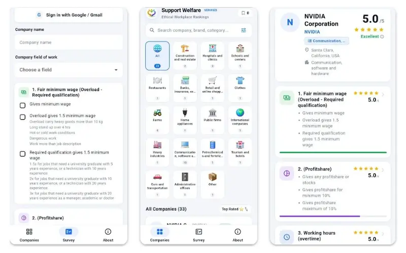 Support Welfare Companies app screens on Google Play
